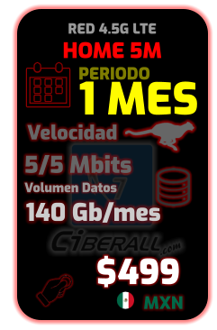 HOME 5M 1 MES 5/5 Mbits    140 Gb/mes Velocidad Volumen Datos $499 MXN PERIODO RED 4.5G LTE