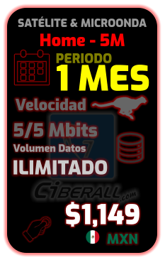 Home - 5M 1 MES 5/5 Mbits ILIMITADO Velocidad Volumen Datos $1,149 MXN PERIODO SATÉLITE & MICROONDA