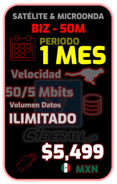 BIZ - 50M 1 MES 50/5 Mbits ILIMITADO Velocidad Volumen Datos $5,499 MXN PERIODO SATÉLITE & MICROONDA